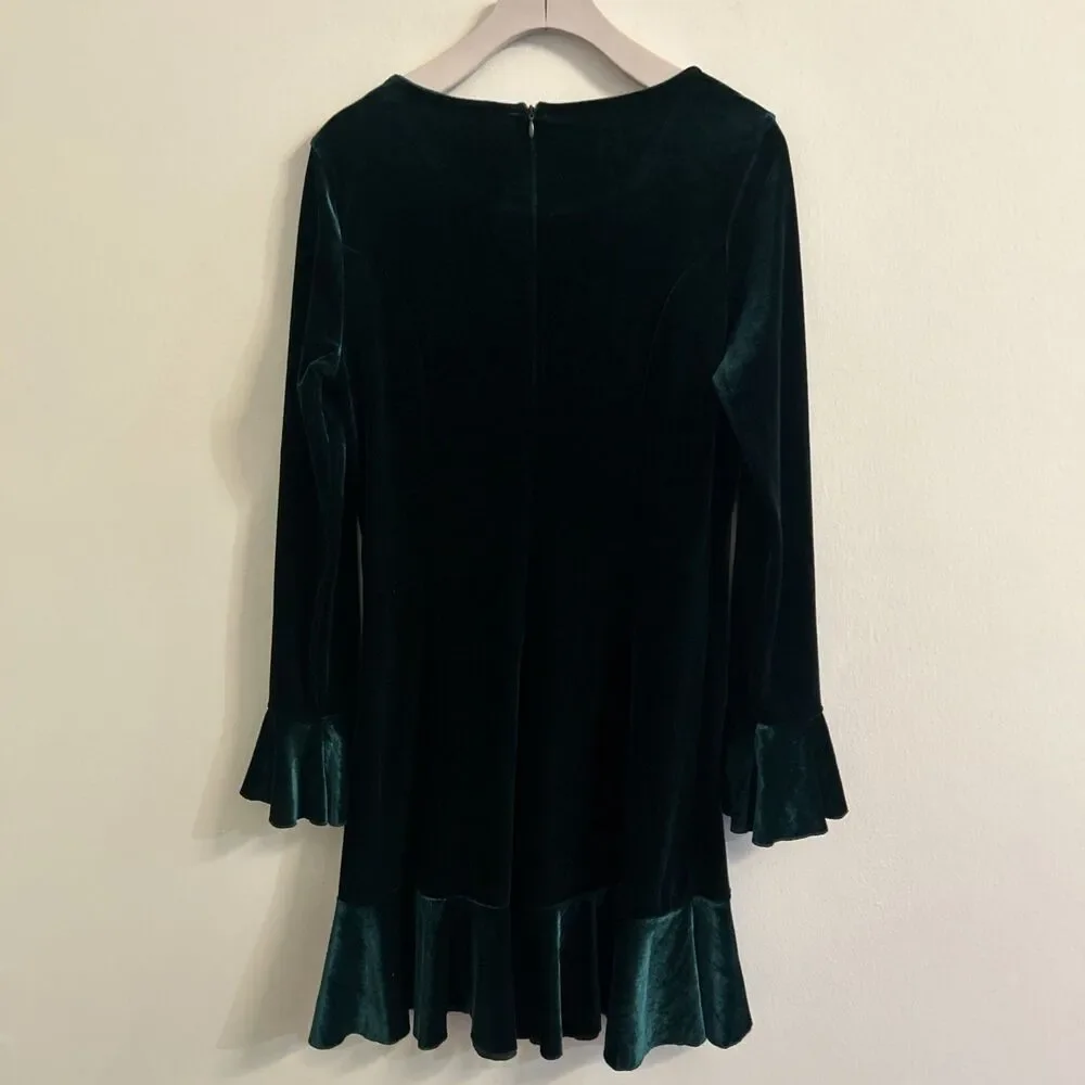 See and Be Seen Green Velvet Dress Small Long Sleeve Flounce Hem - Picture 6 of 7